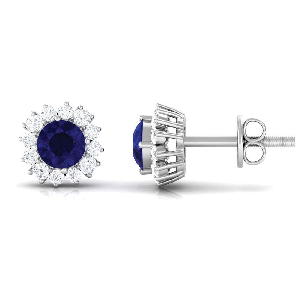 1.25 CT Blue Sapphire Stud Earrings with Diamond Halo Blue Sapphire - ( AAA ) - Quality - Rosec Jewels
