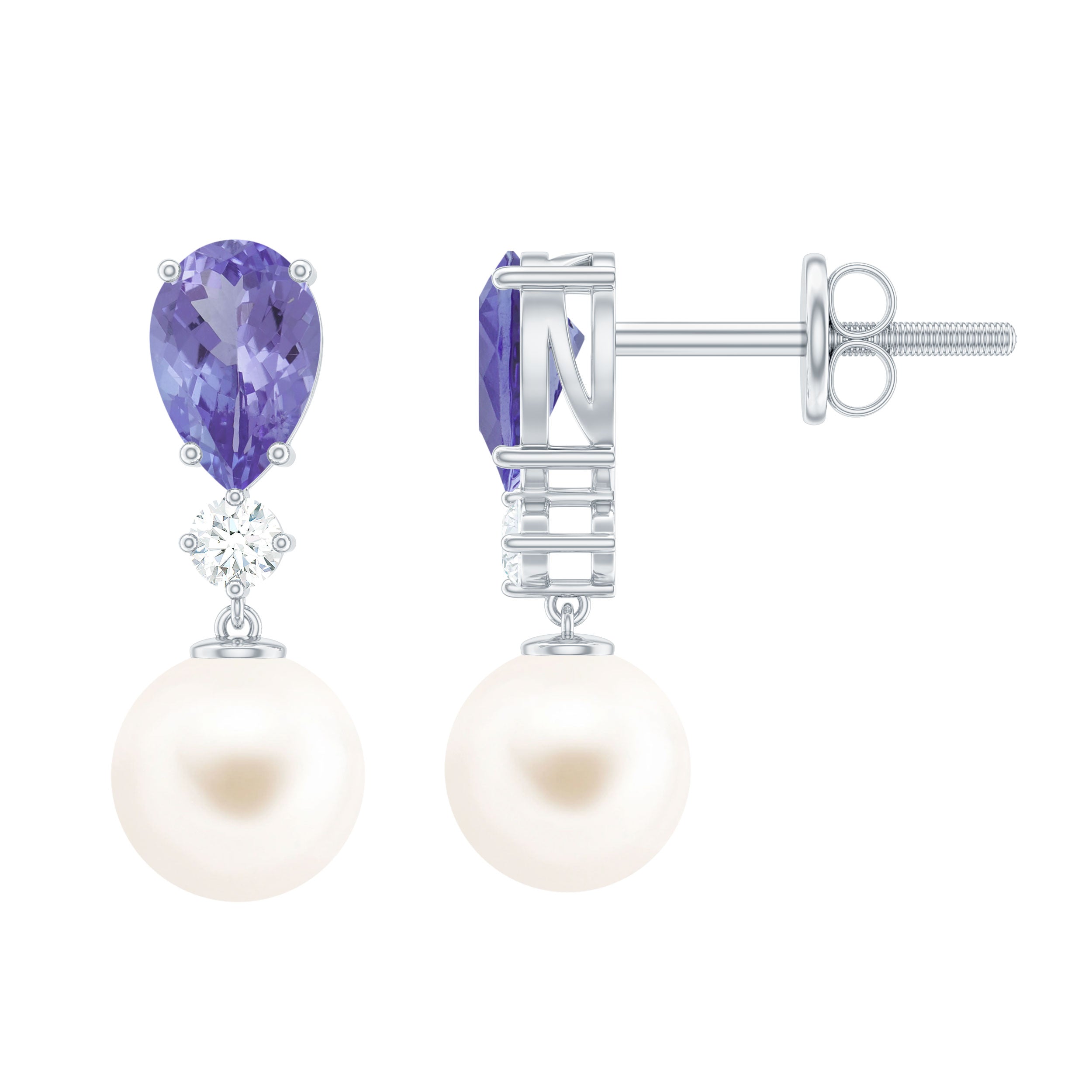 Freshwater Pearl Drop Earrings with Tanzanite Freshwater Pearl - ( AAA ) - Quality - Rosec Jewels