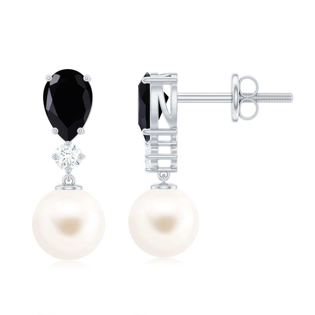5.75 CT Freshwater Pearl Drop Earrings with Black Onyx and Moissanite Black Onyx - ( AAA ) - Quality - Rosec Jewels