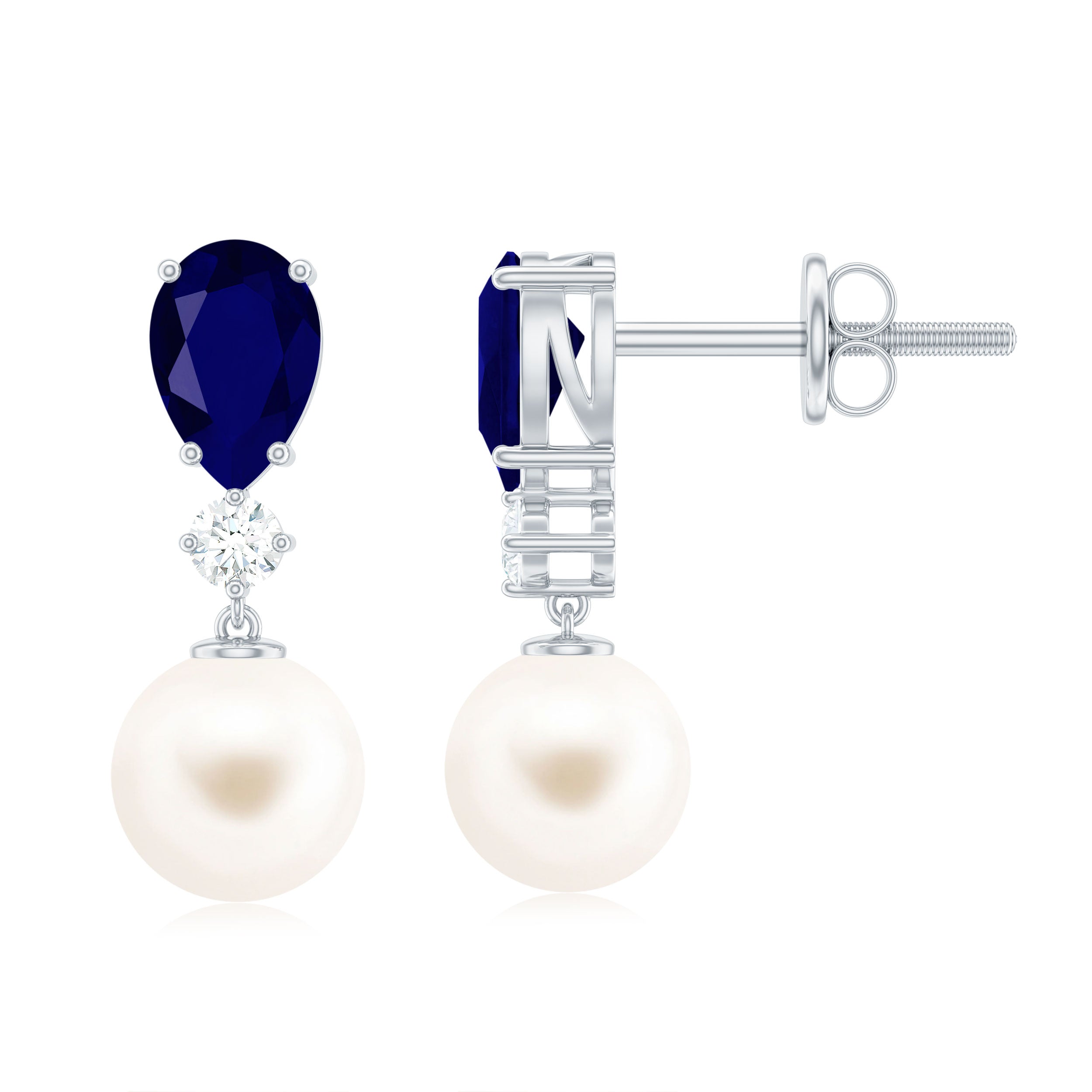 Freshwater Pearl Drop Earrings with Blue Sapphire Blue Sapphire - ( AAA ) - Quality - Rosec Jewels