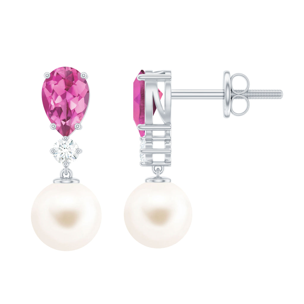 5.75 CT Pink Tourmaline and Moissanite Dangle Earrings with Freshwater Pearl Drop Freshwater Pearl - ( AAA ) - Quality - Rosec Jewels