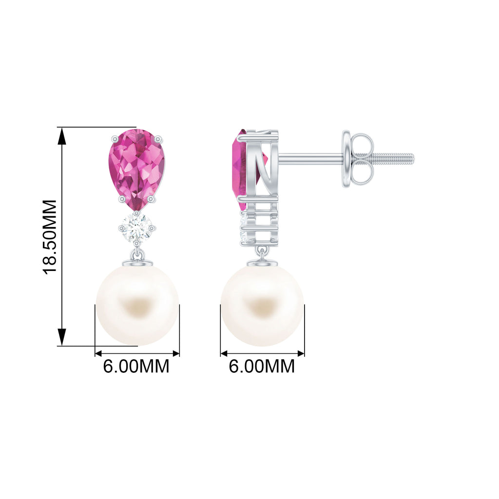5.75 CT Pink Tourmaline and Moissanite Dangle Earrings with Freshwater Pearl Drop Freshwater Pearl - ( AAA ) - Quality - Rosec Jewels