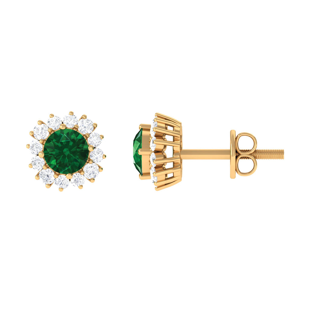 1 CT Certified Created Emerald and Diamond Halo Stud Earrings Lab Created Emerald - ( AAAA ) - Quality - Rosec Jewels