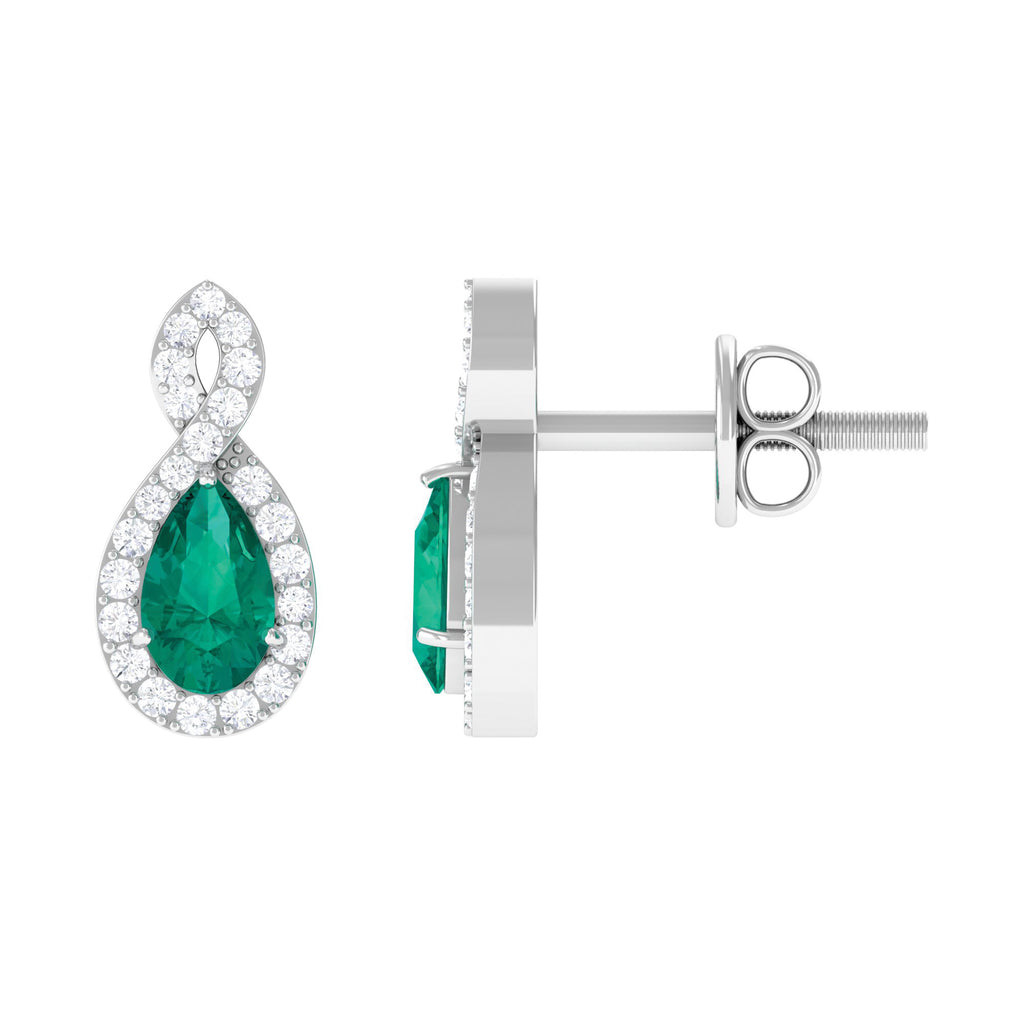 Pear Shape Emerald Infinity Stud Earrings with Diamond Emerald - ( AAA ) - Quality - Rosec Jewels