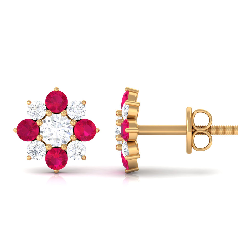 1 CT Diamond and Ruby Floral Stud Earrings Ruby - ( AAA ) - Quality - Rosec Jewels