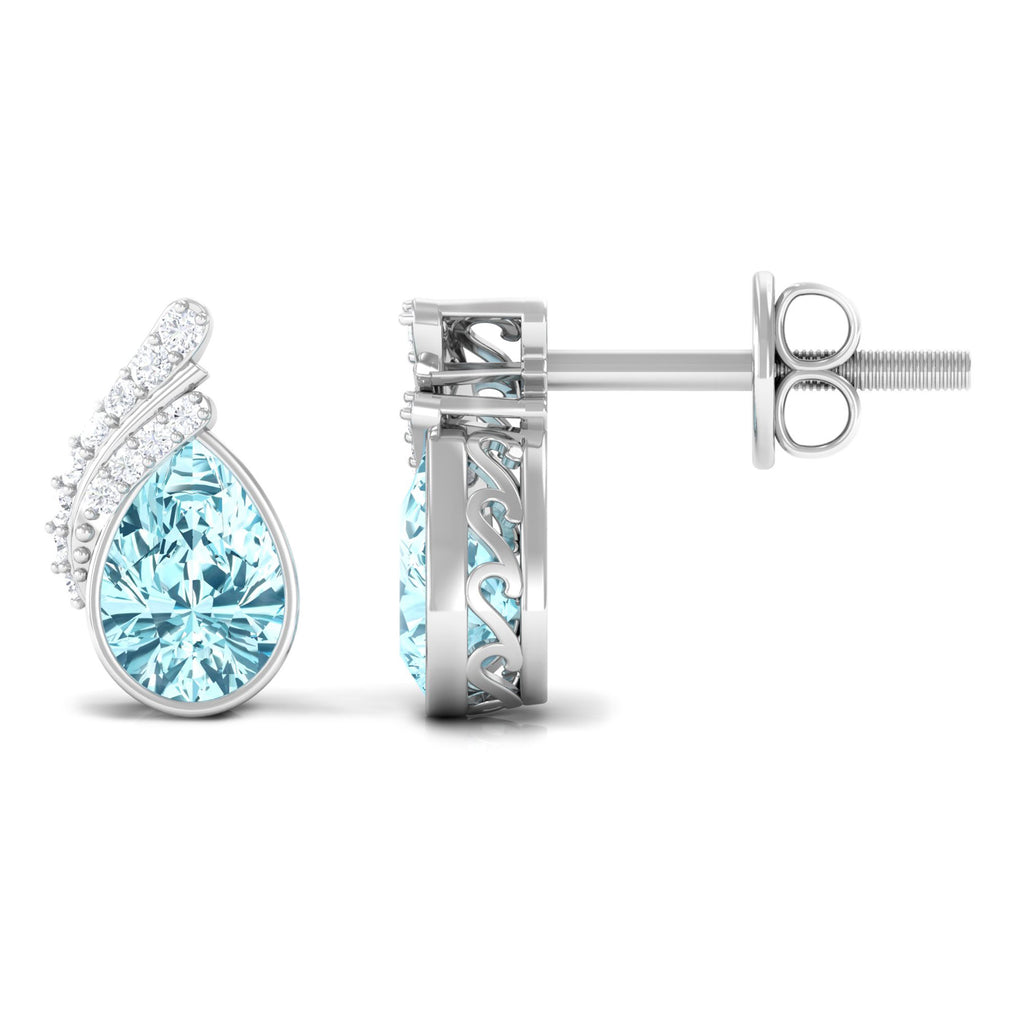 1/2 CT Designer Aquamarine Solitaire Stud Earrings with Diamond Aquamarine - ( AAA ) - Quality - Rosec Jewels