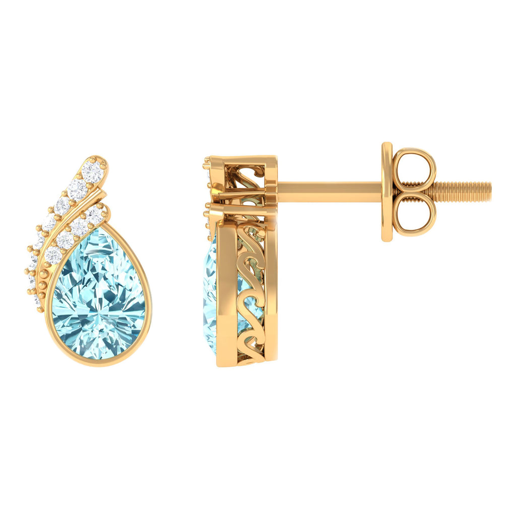 1/2 CT Designer Aquamarine Solitaire Stud Earrings with Diamond Aquamarine - ( AAA ) - Quality - Rosec Jewels