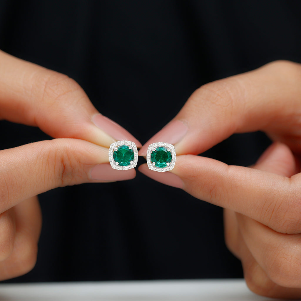 Created Emerald Halo Stud Earrings with Diamond Lab Created Emerald - ( AAAA ) - Quality - Rosec Jewels