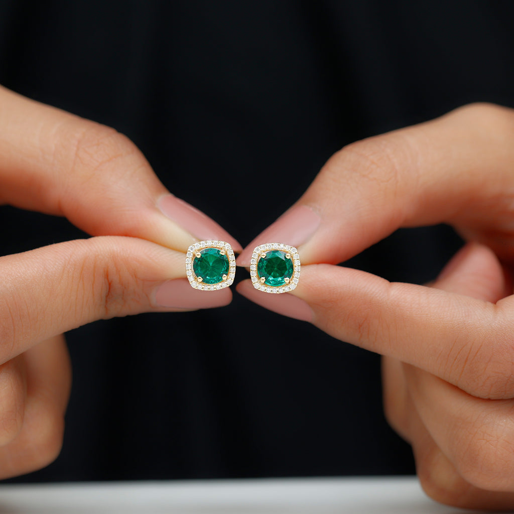 Created Emerald Halo Stud Earrings with Diamond Lab Created Emerald - ( AAAA ) - Quality - Rosec Jewels