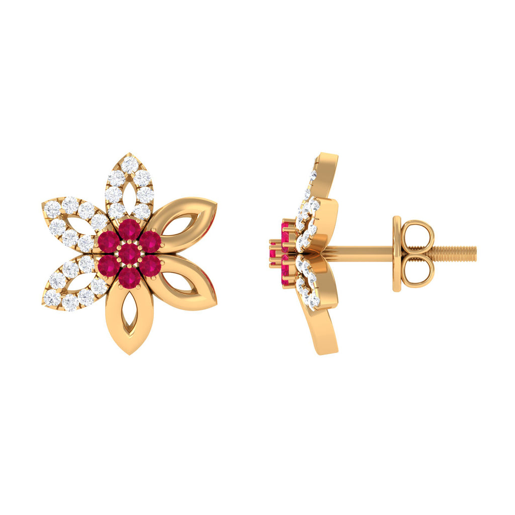 Ruby Floral Stud Earring with Diamond Accent Ruby - ( AAA ) - Quality - Rosec Jewels