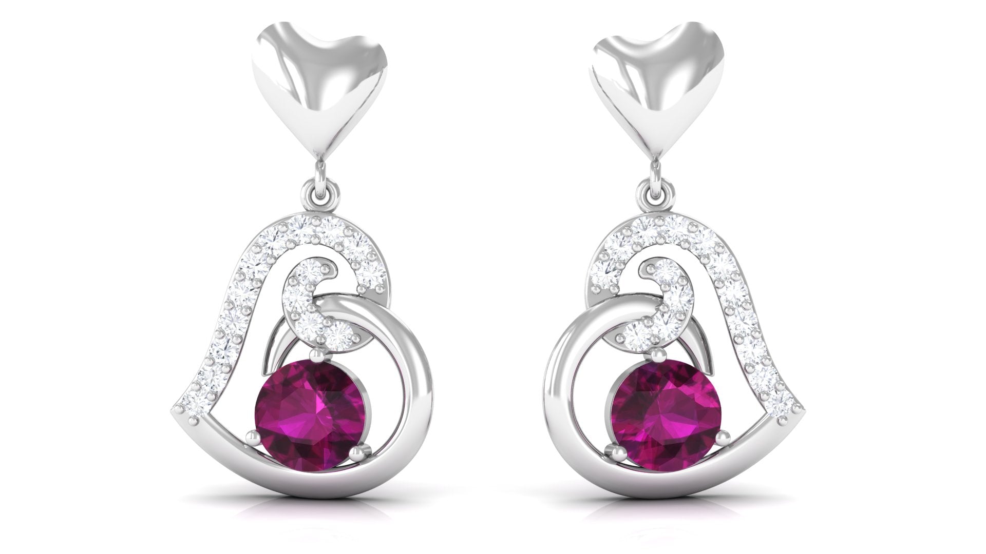 3/4 CT Rhodolite and Diamond Heart Drop Earrings with Accent Rhodolite - ( AAA ) - Quality - Rosec Jewels