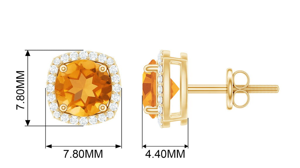 Round Shape Citrine Stud Earrings with Diamond Halo Citrine - ( AAA ) - Quality - Rosec Jewels