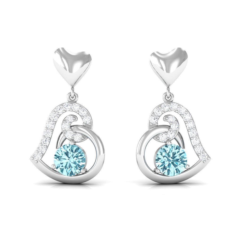 Round Aquamarine and Diamond Accent Heart Drop Earring Aquamarine - ( AAA ) - Quality - Rosec Jewels