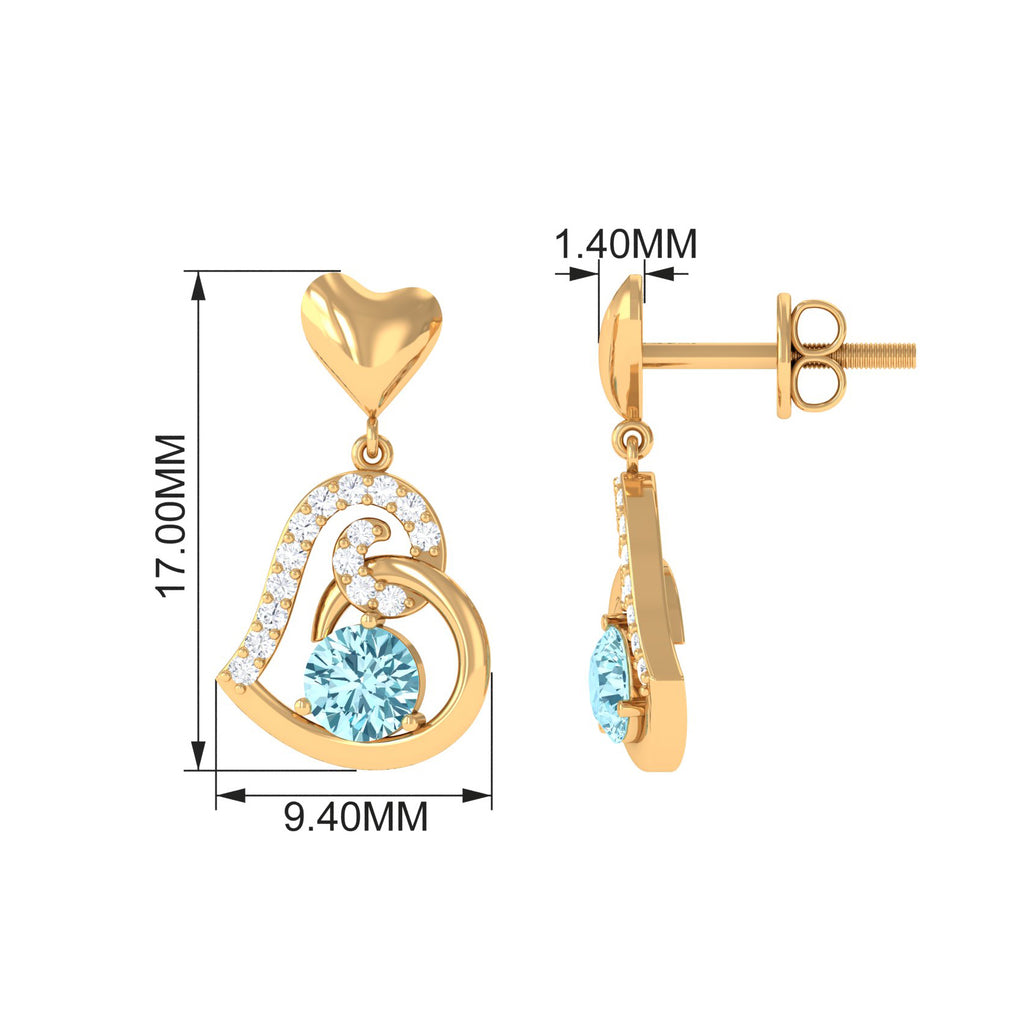 Round Aquamarine and Diamond Accent Heart Drop Earring Aquamarine - ( AAA ) - Quality - Rosec Jewels