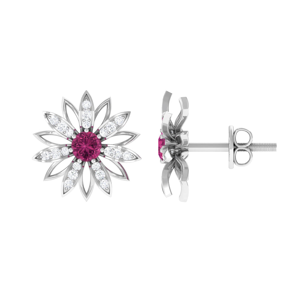 Round Pink Tourmaline Classic Flower Stud Earring with Diamond Pink Tourmaline - ( AAA ) - Quality - Rosec Jewels
