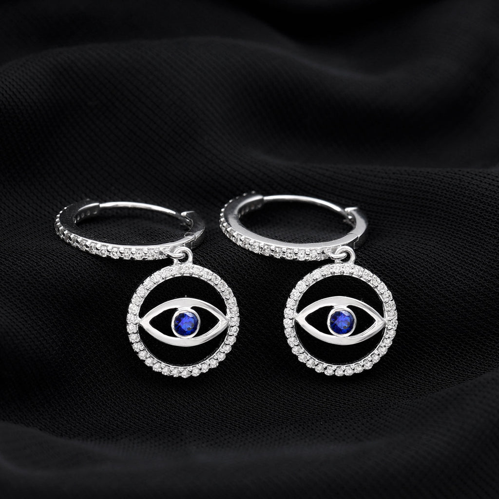 1 CT Blue Sapphire and Diamond Evil Eye Hoop Drop Earrings in Gold Blue Sapphire - ( AAA ) - Quality - Rosec Jewels