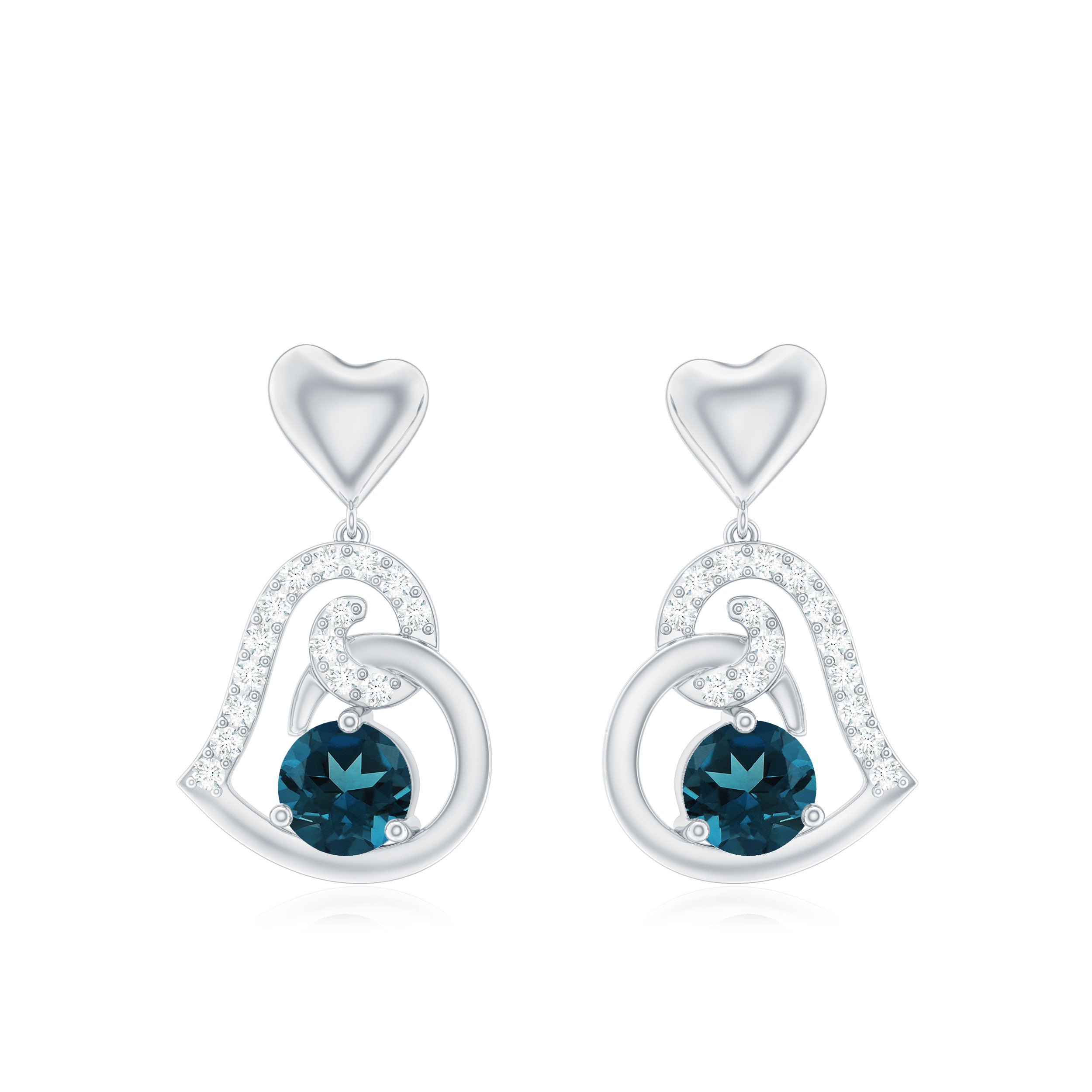 Round London Blue Topaz and Diamond Heart Drop Earring London Blue Topaz - ( AAA ) - Quality - Rosec Jewels