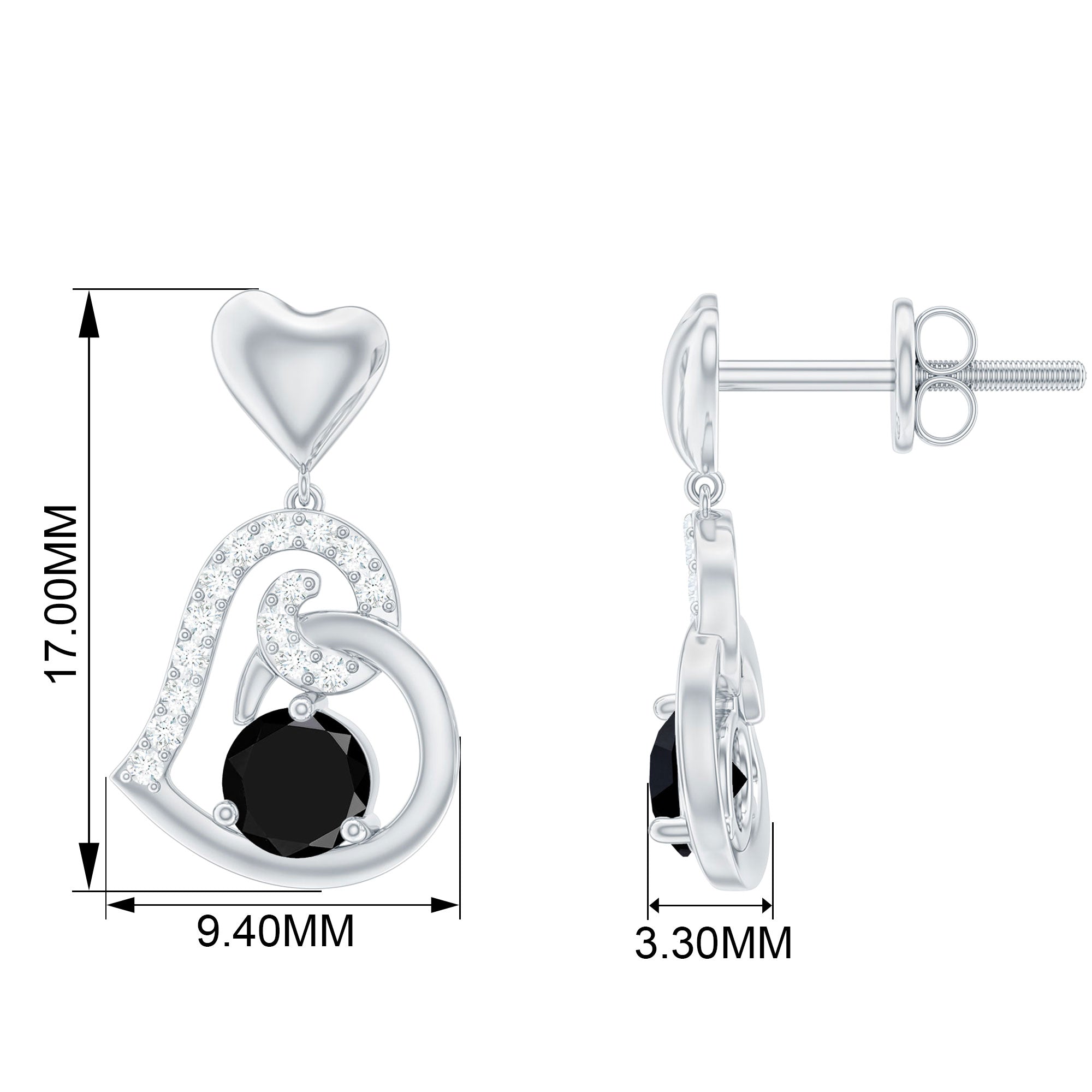Round Created Black Diamond Heart Drop Earrings with Diamond Lab Created Black Diamond - ( AAAA ) - Quality - Rosec Jewels