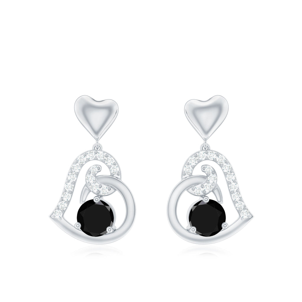 Round Created Black Diamond Heart Drop Earrings with Diamond Lab Created Black Diamond - ( AAAA ) - Quality - Rosec Jewels