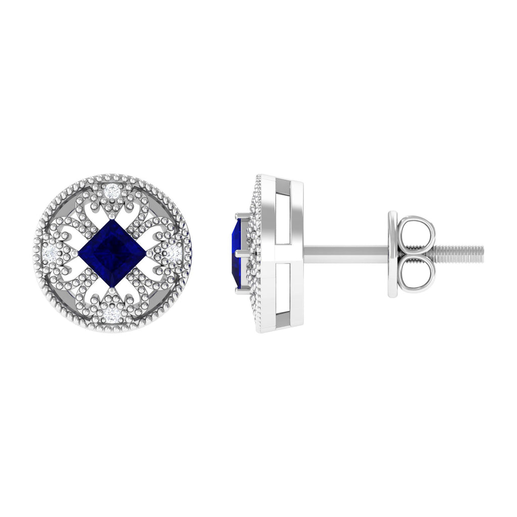 0.25 CT Antique Blue Sapphire and Diamond Beaded Stud Earrings Blue Sapphire - ( AAA ) - Quality - Rosec Jewels