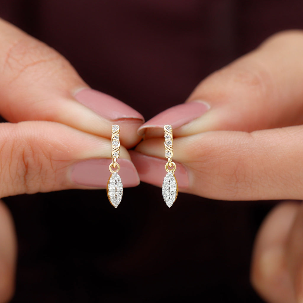 Natural Diamond Gold Leaf Dangle Drop Earrings Diamond - ( HI-SI ) - Color and Clarity - Rosec Jewels