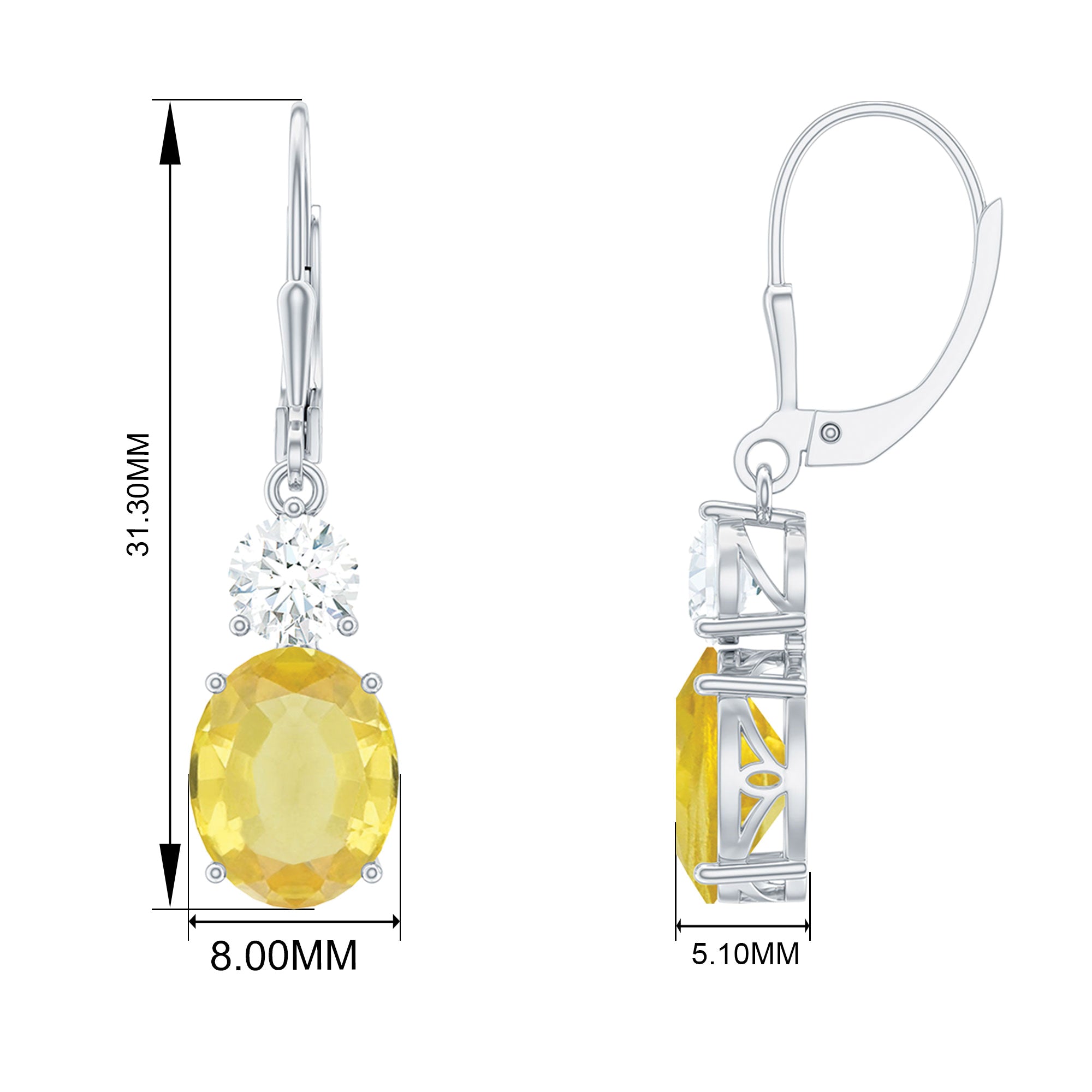 Lab Grown Yellow Sapphire Oval Drop Dangle Earrings With Moissanite Lab Created Yellow Sapphire - ( AAAA ) - Quality - Rosec Jewels