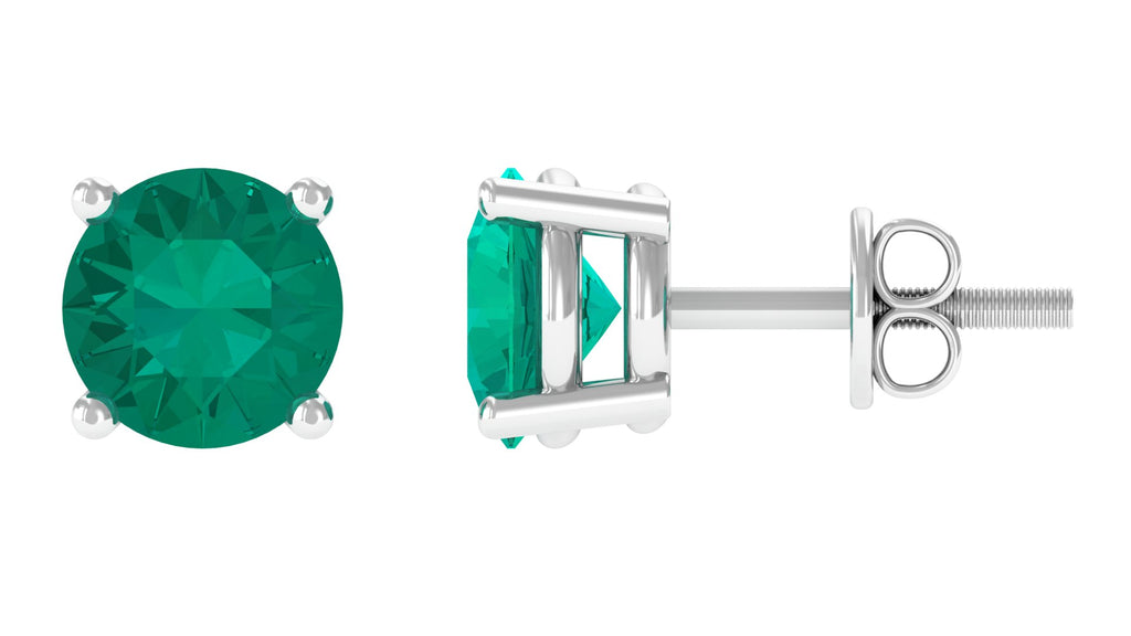 Round Shape Lab Grown Emerald Solitaire Stud Earrings Lab Created Emerald - ( AAAA ) - Quality - Rosec Jewels