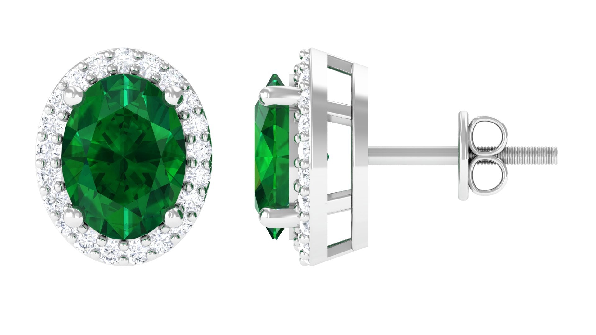 Classic Oval Shaped Lab Grown Emerald and Diamond Halo Stud Earrings Lab Created Emerald - ( AAAA ) - Quality - Rosec Jewels