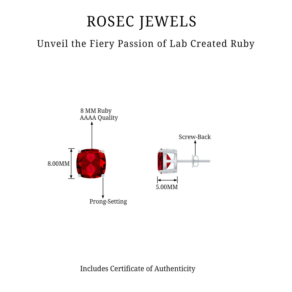 8 MM Cushion Cut Created Ruby Solitaire Stud Earrings Lab Created Ruby - ( AAAA ) - Quality - Rosec Jewels