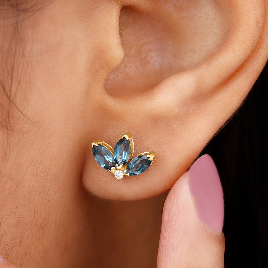 Floral Stud Earrings with London Blue Topaz and Moissanite London Blue Topaz - ( AAA ) - Quality - Rosec Jewels
