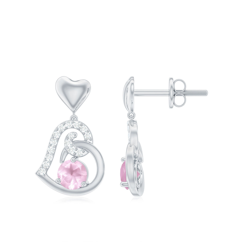 3/4 CT Rose Quartz and Diamond Heart Drop Earrings Rose Quartz - ( AAA ) - Quality - Rosec Jewels