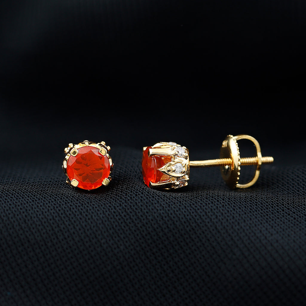 Solitaire Fire Opal Stud Earrings with Diamond Accent Fire Opal - ( AAA ) - Quality - Rosec Jewels