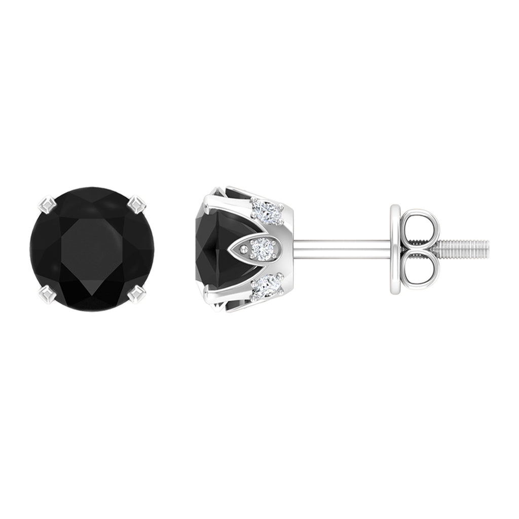 1.75 CT Black Onyx Solitaire Stud Earrings with Diamond Accent Black Onyx - ( AAA ) - Quality - Rosec Jewels