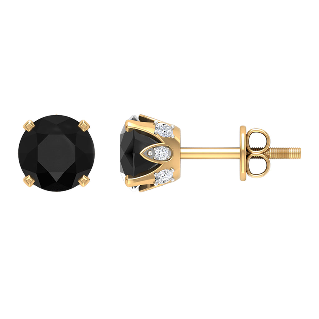 1.75 CT Black Onyx Solitaire Stud Earrings with Diamond Accent Black Onyx - ( AAA ) - Quality - Rosec Jewels