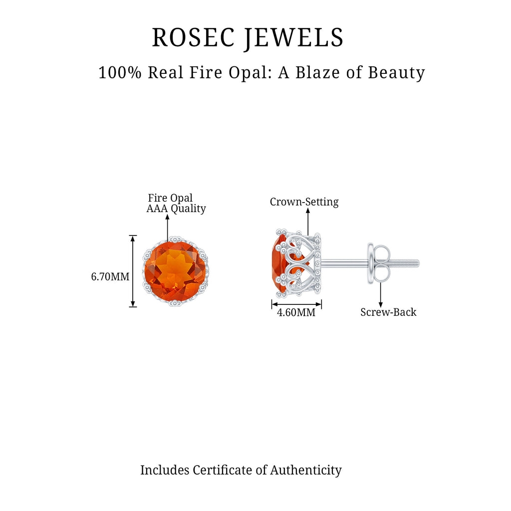 6 MM Fire Opal Solitaire Crown Stud Earrings Fire Opal - ( AAA ) - Quality - Rosec Jewels