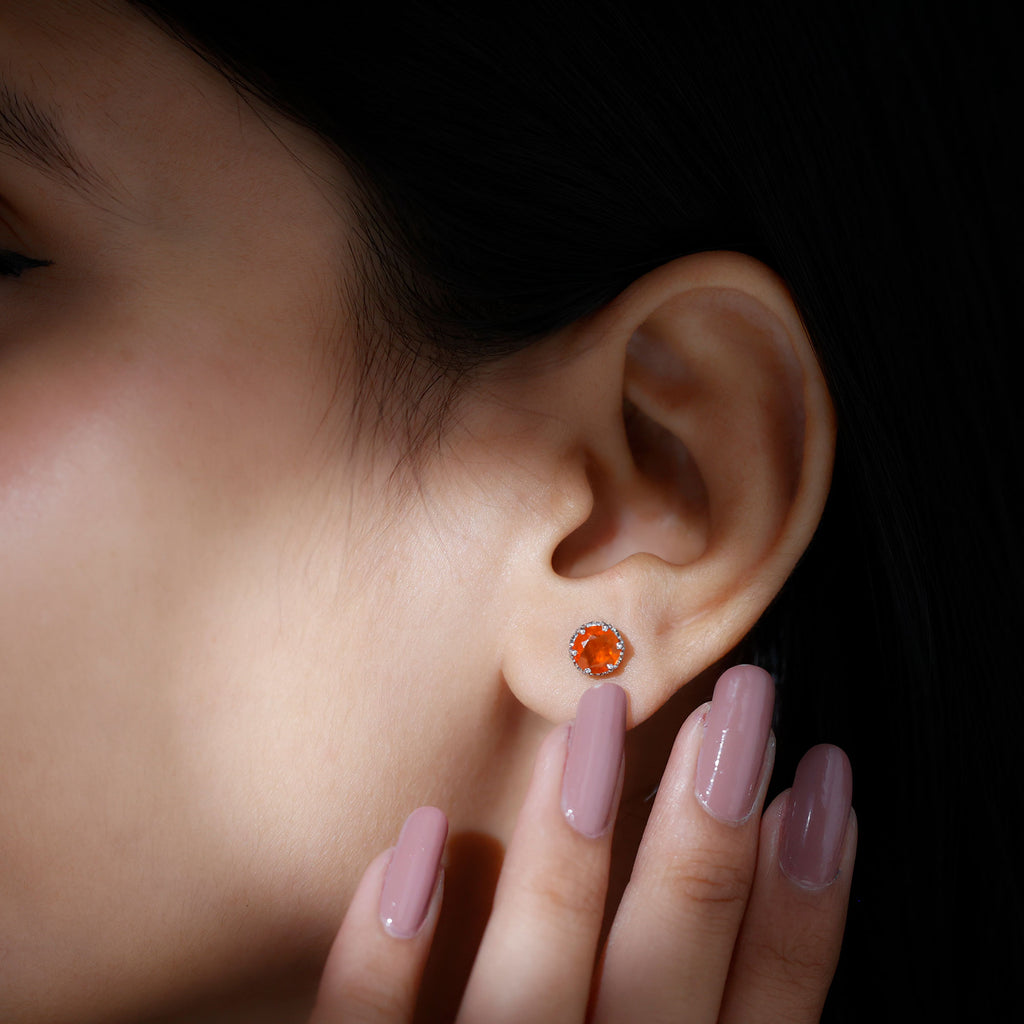 6 MM Fire Opal Solitaire Crown Stud Earrings Fire Opal - ( AAA ) - Quality - Rosec Jewels