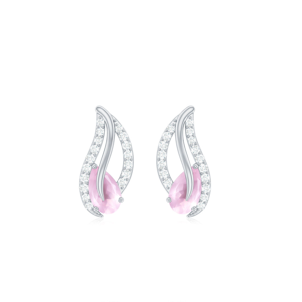 1/2 CT Pear Shape Rose Quartz and Diamond Leaf Stud Earrings Rose Quartz - ( AAA ) - Quality - Rosec Jewels