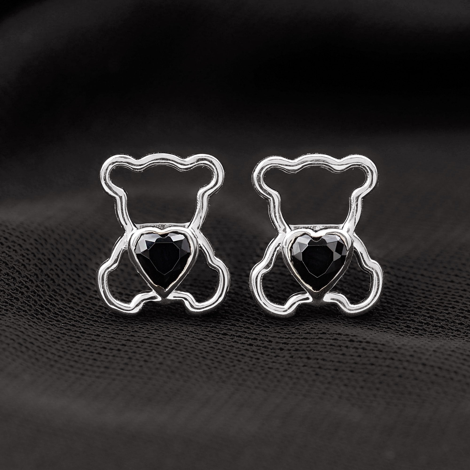 Heart Shape Created Black Diamond Cute Teddy Bear Stud Earrings in Bezel Setting Lab Created Black Diamond - ( AAAA ) - Quality - Rosec Jewels