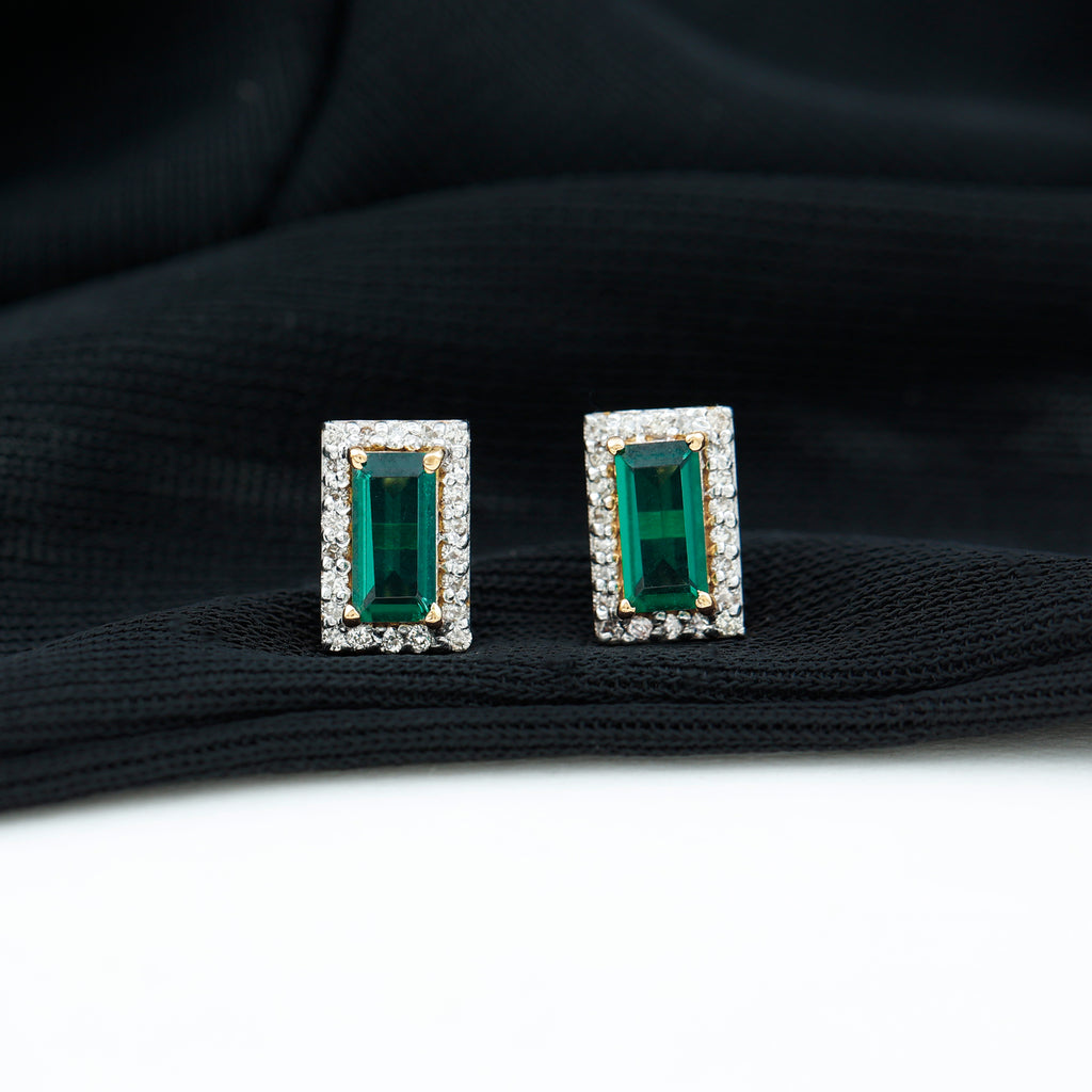 1 CT Baguette Cut Created Emerald Stud Earrings with Diamond Halo Lab Created Emerald - ( AAAA ) - Quality - Rosec Jewels