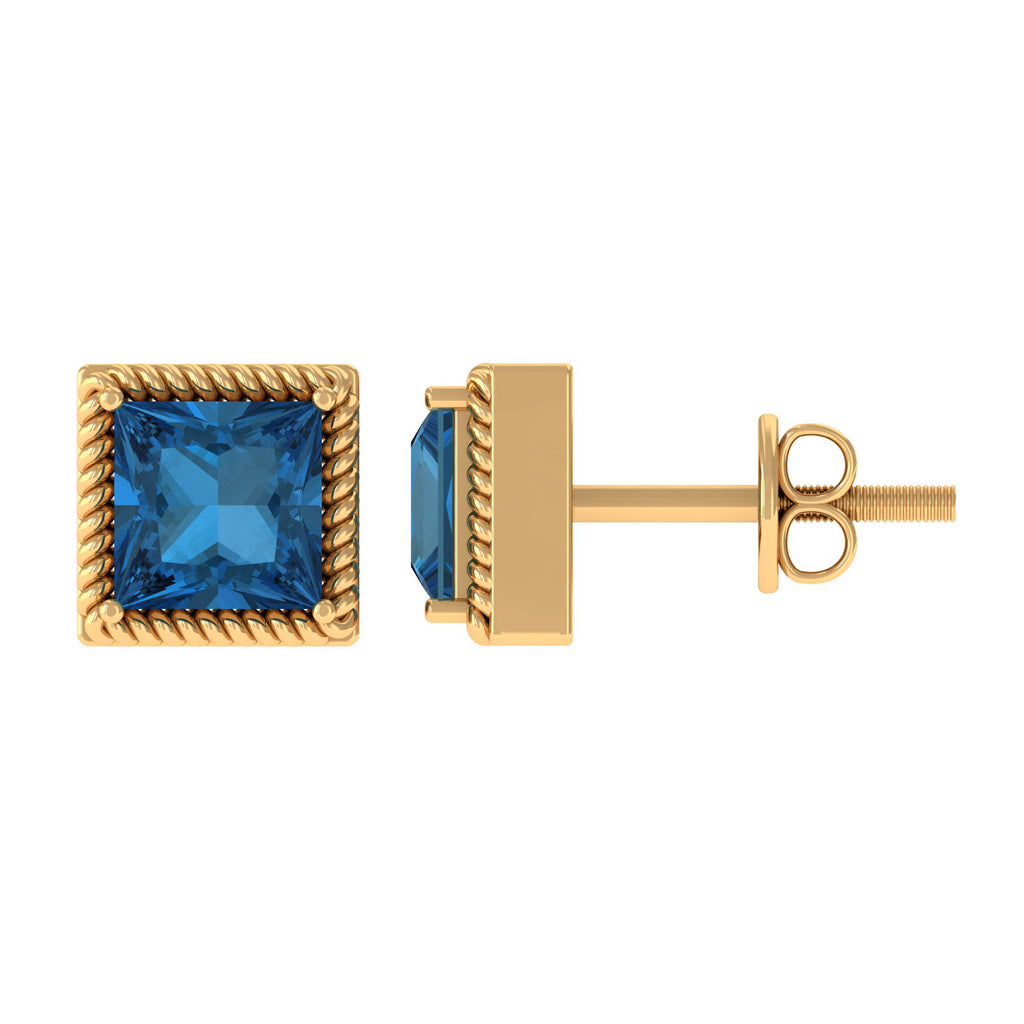 5 MM Princess Cut London Blue Topaz Solitaire Stud Earrings with Rope Frame Details London Blue Topaz - ( AAA ) - Quality - Rosec Jewels
