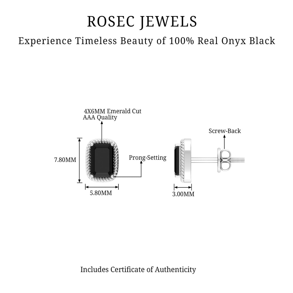 4X6 MM Octagon Cut Black Onyx Solitaire Stud Earring in 4 Prong Setting with Twisted Rose Frame Black Onyx - ( AAA ) - Quality - Rosec Jewels