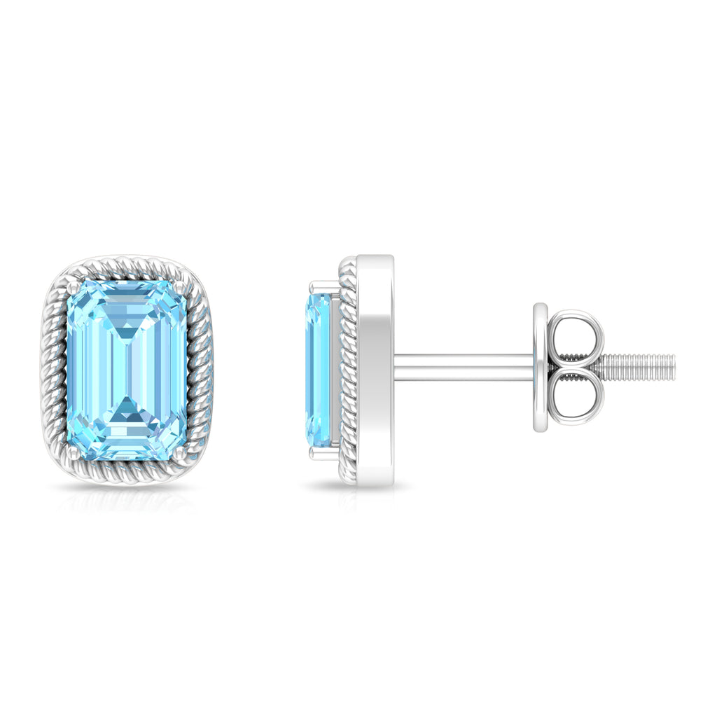 4X6 MM Octagon Cut Aquamarine Solitaire and Gold Minimal Stud Earrings Aquamarine - ( AAA ) - Quality - Rosec Jewels
