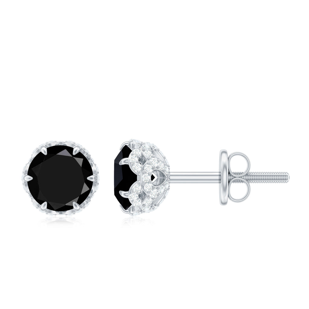5 MM Black Diamond Solitaire Floral Stud Earrings with White Diamond Black Diamond - ( AAA ) - Quality - Rosec Jewels