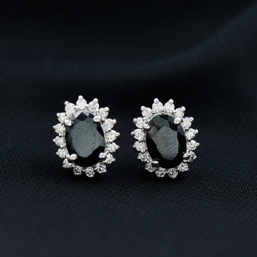 2.5 CT Oval Cut Black Onyx Classic Stud Earrings with Diamond Halo Black Onyx - ( AAA ) - Quality - Rosec Jewels