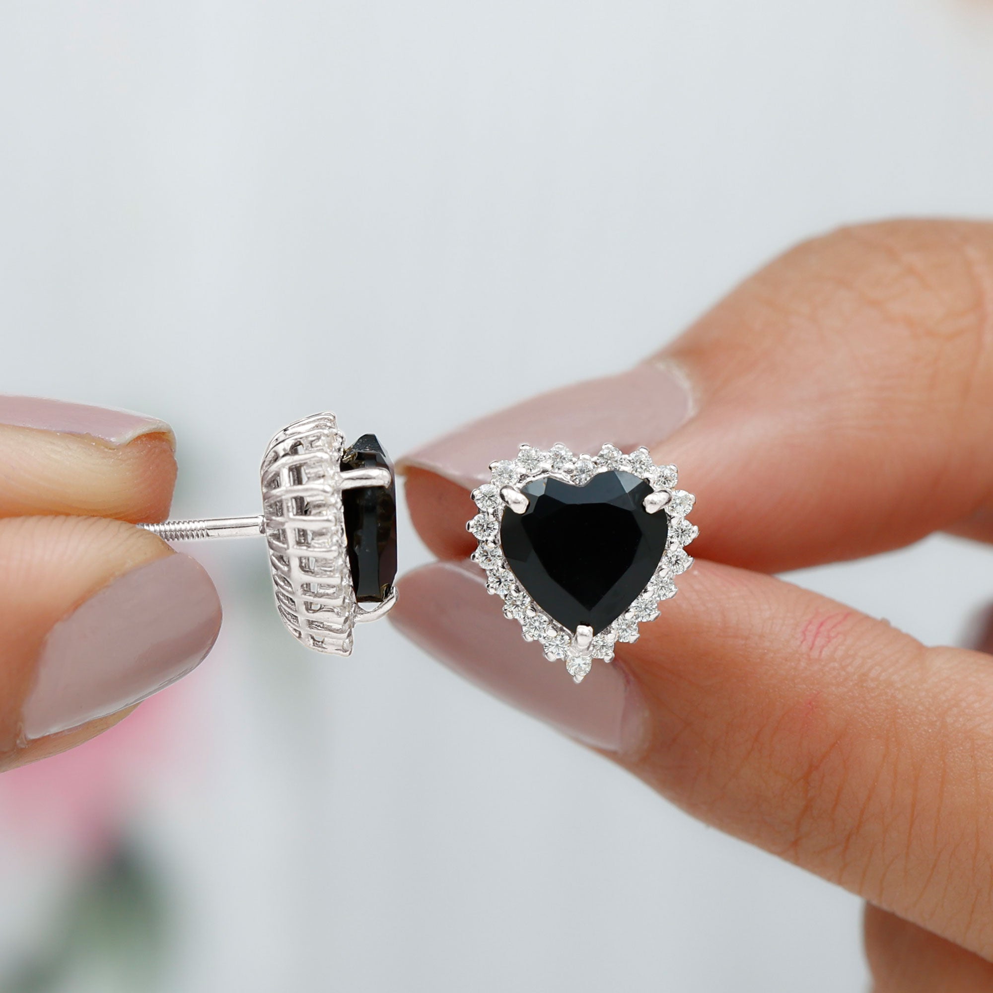 Lab Created Black Diamond Heart Stud Earrings With Moissanite Halo Lab Created Black Diamond - ( AAAA ) - Quality - Rosec Jewels