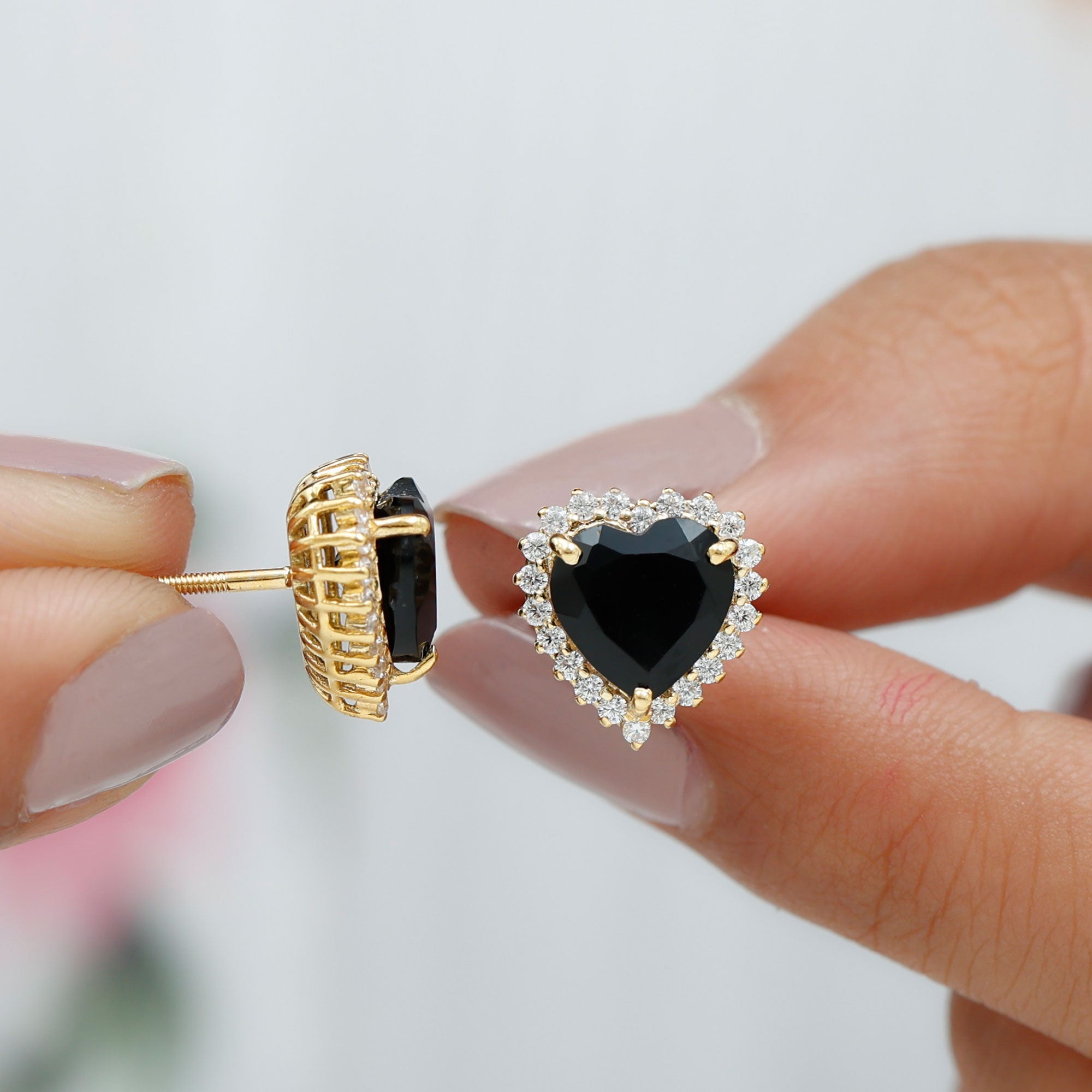 Lab Created Black Diamond Heart Stud Earrings With Moissanite Halo Lab Created Black Diamond - ( AAAA ) - Quality - Rosec Jewels