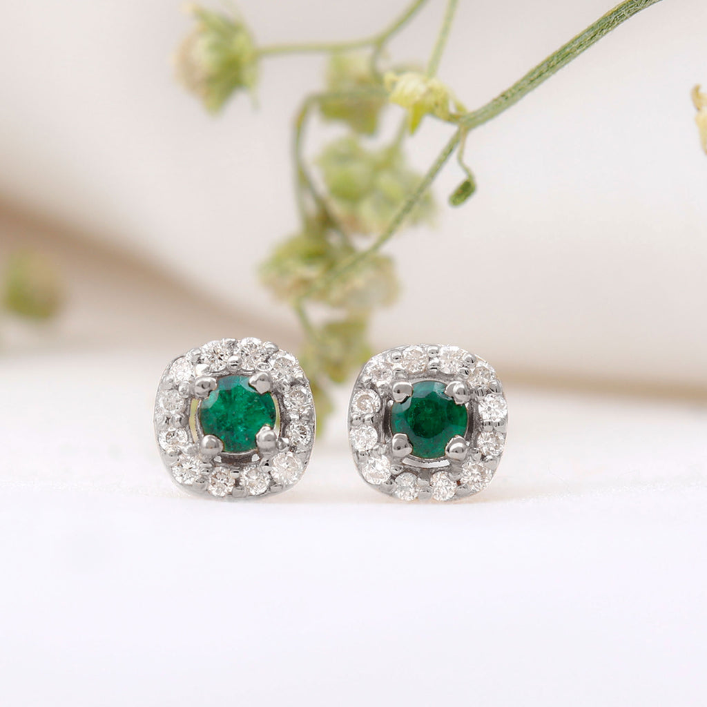 1/4 CT Emerald and Diamond Stud Earrings in Halo Emerald - ( AAA ) - Quality - Rosec Jewels
