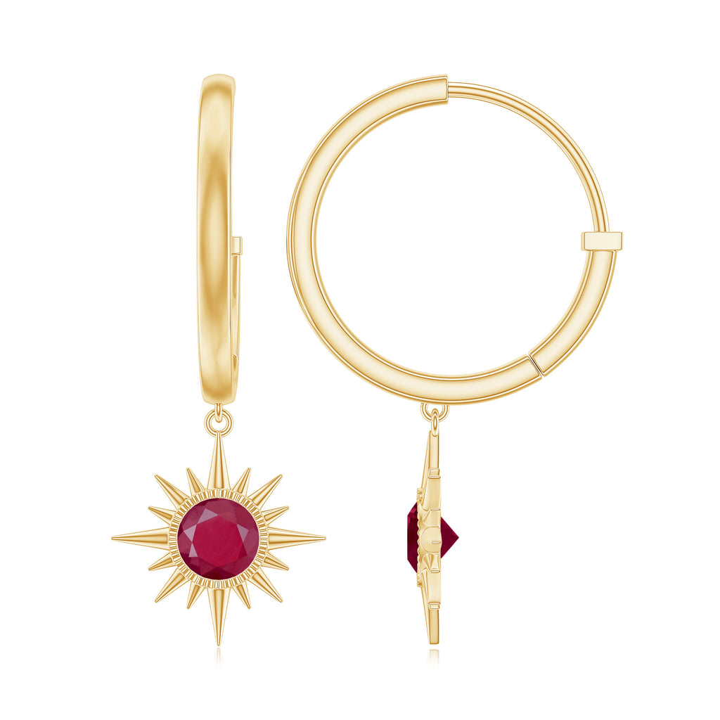 Bezel Set Ruby Sunburst Hoop Drop Earrings Ruby - ( AAA ) - Quality - Rosec Jewels