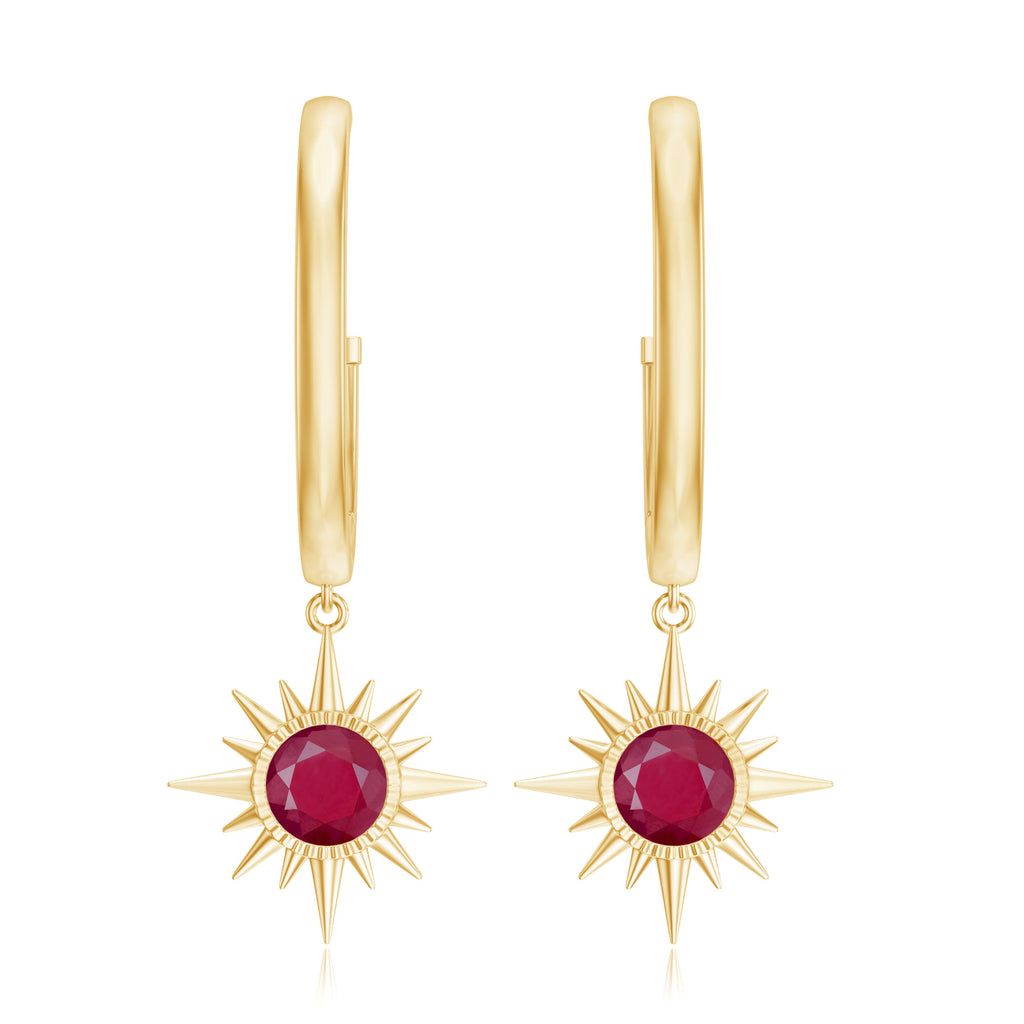 Bezel Set Ruby Sunburst Hoop Drop Earrings Ruby - ( AAA ) - Quality - Rosec Jewels