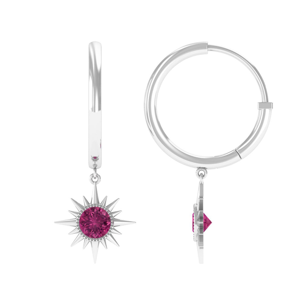 Rosec Jewels - 4 MM Round Shape Pink Tourmaline and Silver Sunburst Hoop Drop Earrings For Women